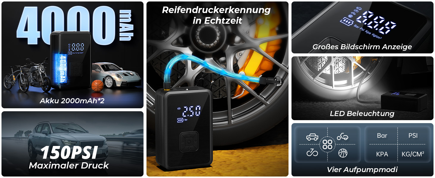 Електричний насос Oasser 150 PSI для велосипеда, авто, м'яча, кемпінгу з LED-ліхтариком