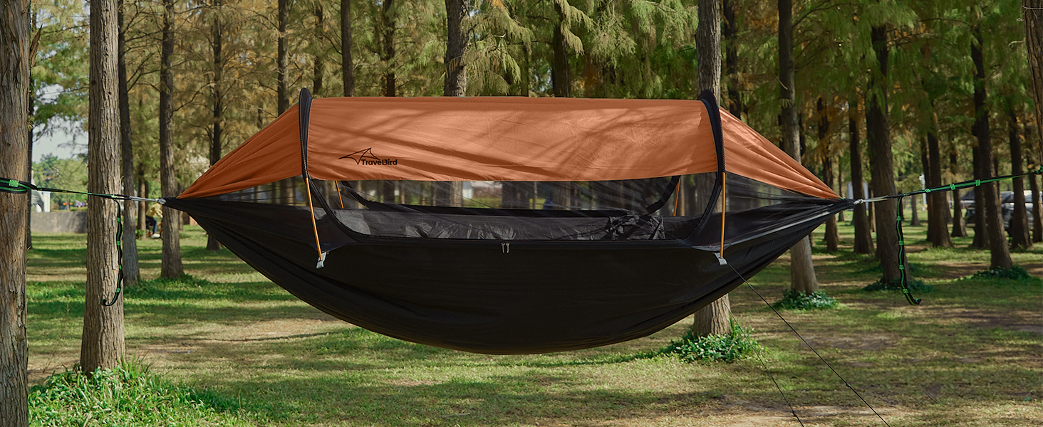 Гамак-намет Travel Bird з москітною сіткою та сонцезахистом, 290x140 см, великий простір, багатофункціональний, легкий, з ременями для кріплення до дерева, підходить для кемпінгу та відпочинку на природі (зелений/помаранчевий)