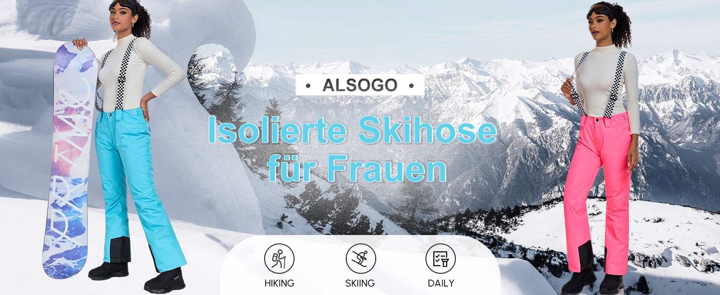 Штани для сноуборду та гірськолижного спорту ALSOGO: водонепроникні, вітронепроникні, з підтяжками, для жінок, зимові, знімні підтяжки, снігозахисний клапан, теплі, для активного відпочинку, синього кольору