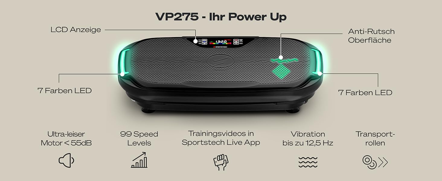 Платформа для вібраційного тренування Sportstech VP250/VP275 - для дому, тихий мотор, 180 рівнів інтенсивності