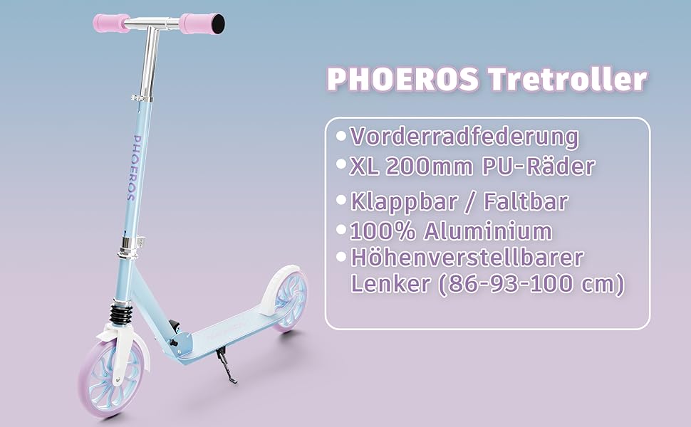 Дитячий трюковий самокат PHOEROS для дітей 6-12 років, підлітків та дорослих. Легкий міський самокат з алюмінію з великими колесами 200 мм, складний, 3-рівнева регулювання висоти, амортизація. (Blue)