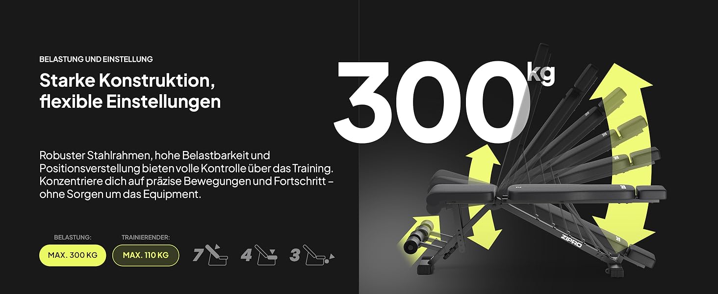 Спортивна лава ZIPRO для дому: 7 положень, навантаження до 300 кг, тренажер для пресу та спини, чорний колір