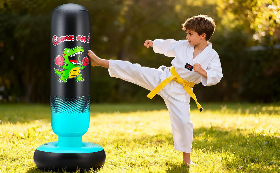 Дитячий боксерський мішок з боксерськими рукавичками та насосом, 165 см, стабільний динозавр та мішень, 2 в 1, надувний боксерський мішок для дітей, комплект для тренувань, подарунок для хлопчиків та дівчаток 3-12 років