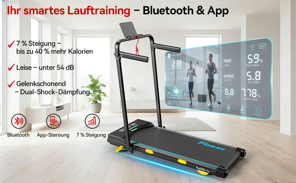Біговий тренажер FunLife F4 (оновлення 2025) – 4-в-1, складний, з кутом нахилу 7%, керування через додаток, тихий, з двома ручками та страхувальним тросом, 1-12 км/год, для дому, для людей похилого віку, червоний