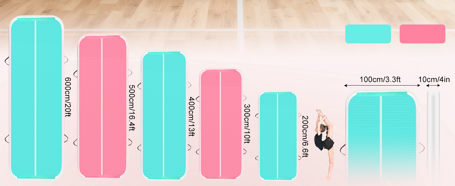 Гімнастичний надувний мат (килимок) 2м/3м/4м/5м/6м, 10см, для фітнесу, йоги, танців, рожевий, з насосом, для дому