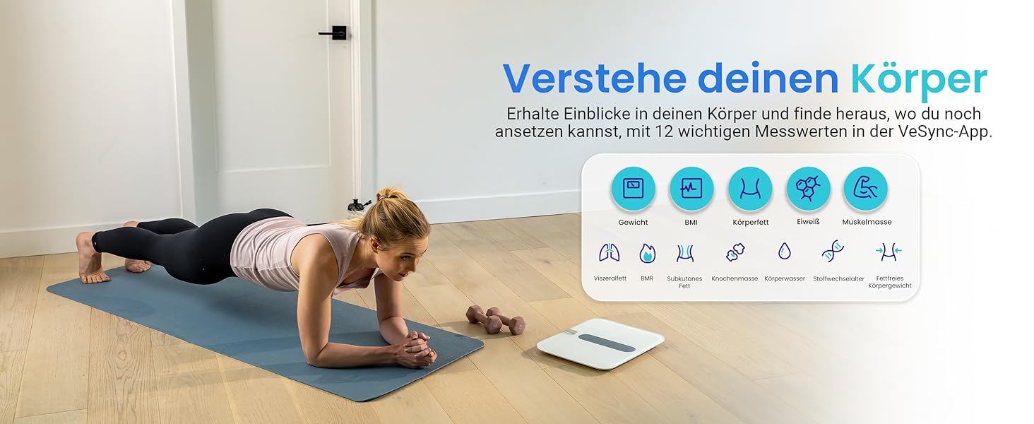 Розумна вага Etekcity з Wi-Fi, для аналізу складу тіла: вимірювання жиру, м'язової маси, 13 показників, USB-зарядка, до 180 кг, велика поверхня, біла