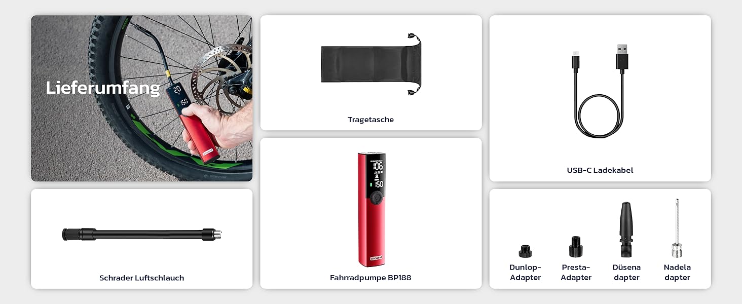 Електрична велосипедна помпа Woowind BP188 з акумулятором, 120-150 PSI, компресор для авто, мотоцикла та велосипеда, сумісна з усіма клапанами