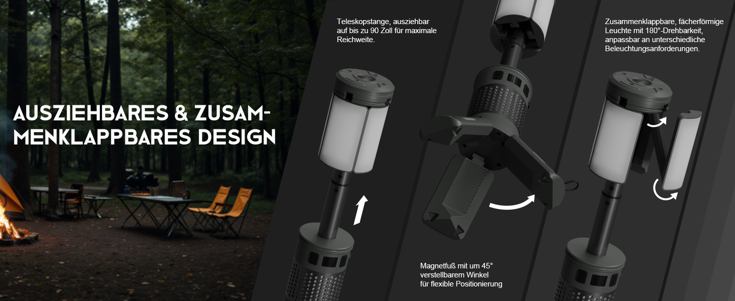 Ліхтар кемпінговий акумуляторний Teleskop Campinglampe 12000 mAh, багатофункціональний, магнітний, водонепроникний IPX5 для кемпінгу та подорожей