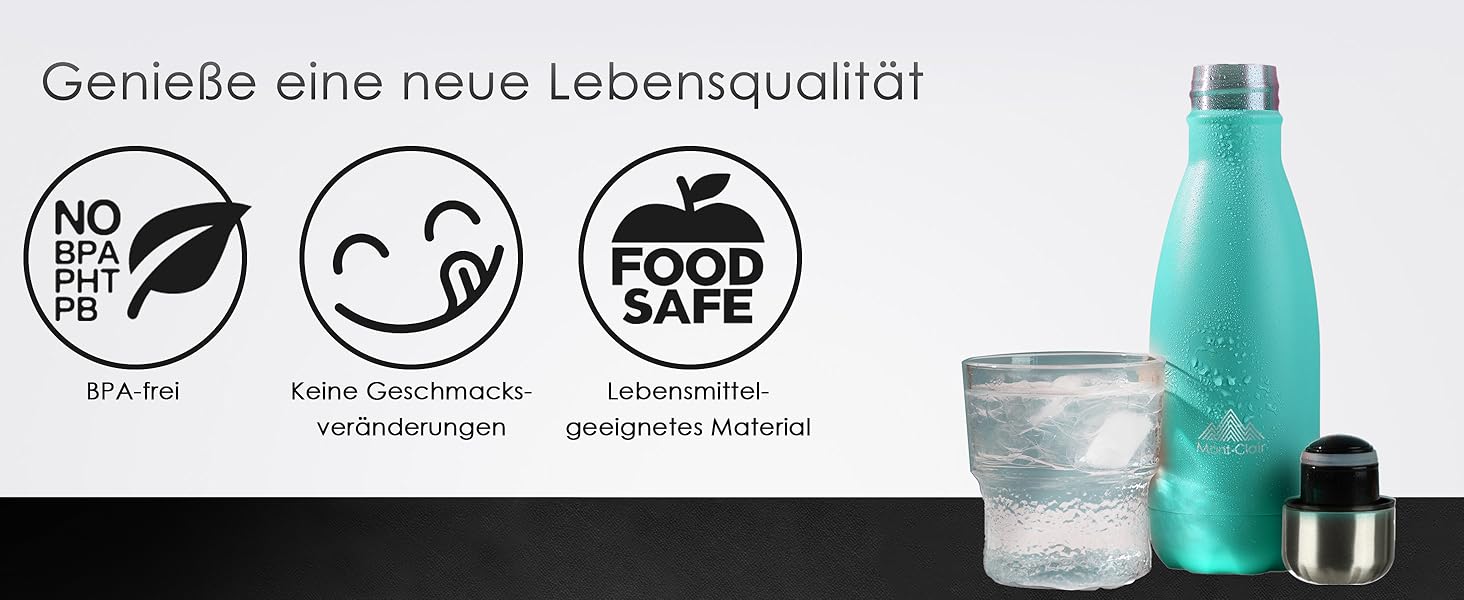 Термопляшка Mont-Clair 500 мл з нержавіючої сталі - чорна, з подвійними стінками, BPA-free, витримує 24 години холод та 12 годин тепла, без витоку