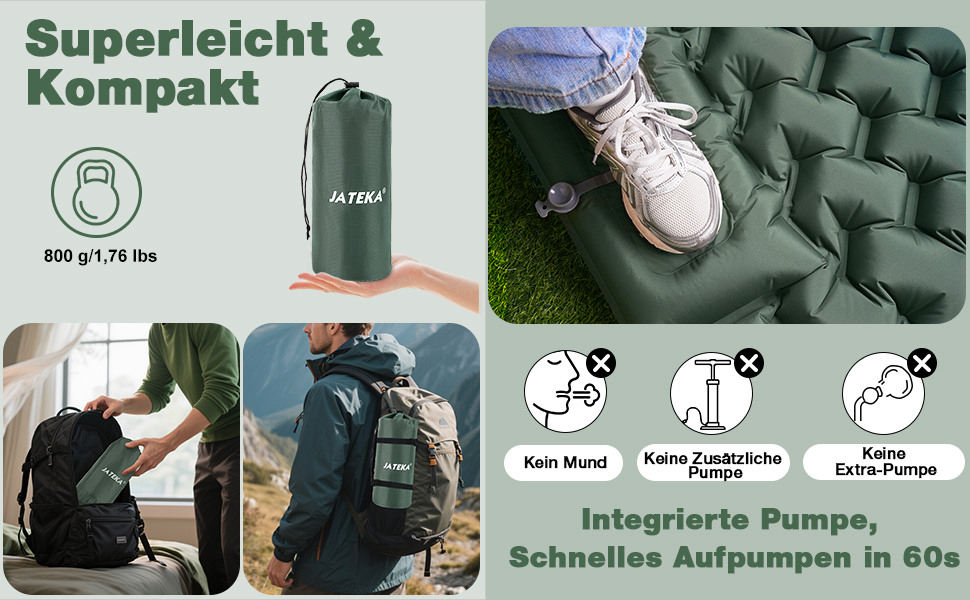 Isomatte JATEKA самонадувна, Ultralight, з подушкою та насосом для кемпінгу, рюкзака, подорожей, походу, намету. Легка спальна матрац для одного