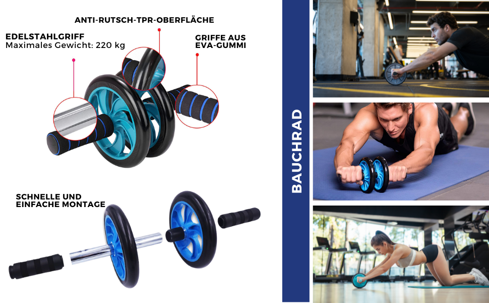 Ролик для пресу з EVA-ручками та килимком для колін, тренування всього тіла, вантажопідйомність до 220 кг