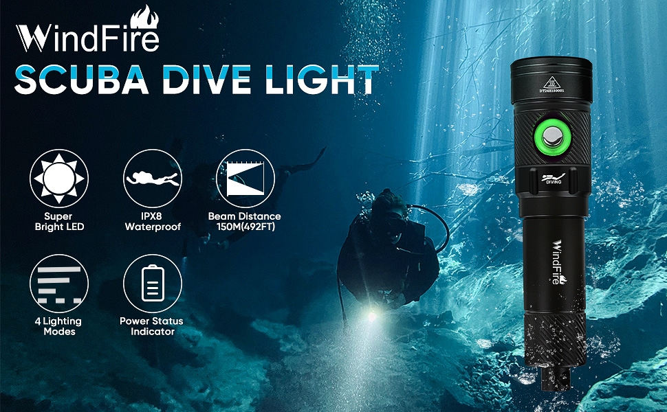 Водонепромісний ліхтар WINDFIRE Tauchschein для дайвінгу та снорклінгу, IPX8, 4 режими, індикатор заряду, перезаряджається