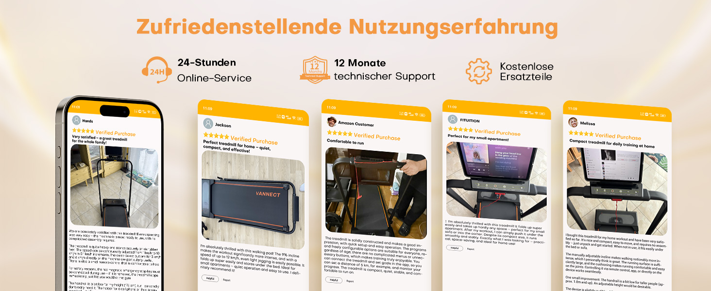 VANNECT Walking Pad - складане бігове полотно для дому, 1-12 км/год, кут нахилу 9%, LCD-дисплей, дистанційне керування, 150 кг, помаранчеве