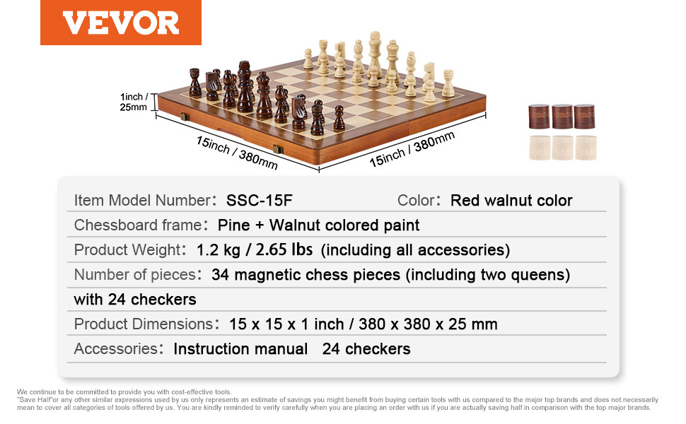 Магнітний шаховий набір VEVOR з дерева 2-в-1, шахи-шашки, складаний, для дорослих та дітей, портативний, для подорожей та турнірів, професійний, для початківців