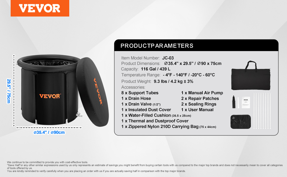 Eisbadewanne VEVOR: 90 см, 370 л, для холодної терапії, спортивна, портативна, з кришкою