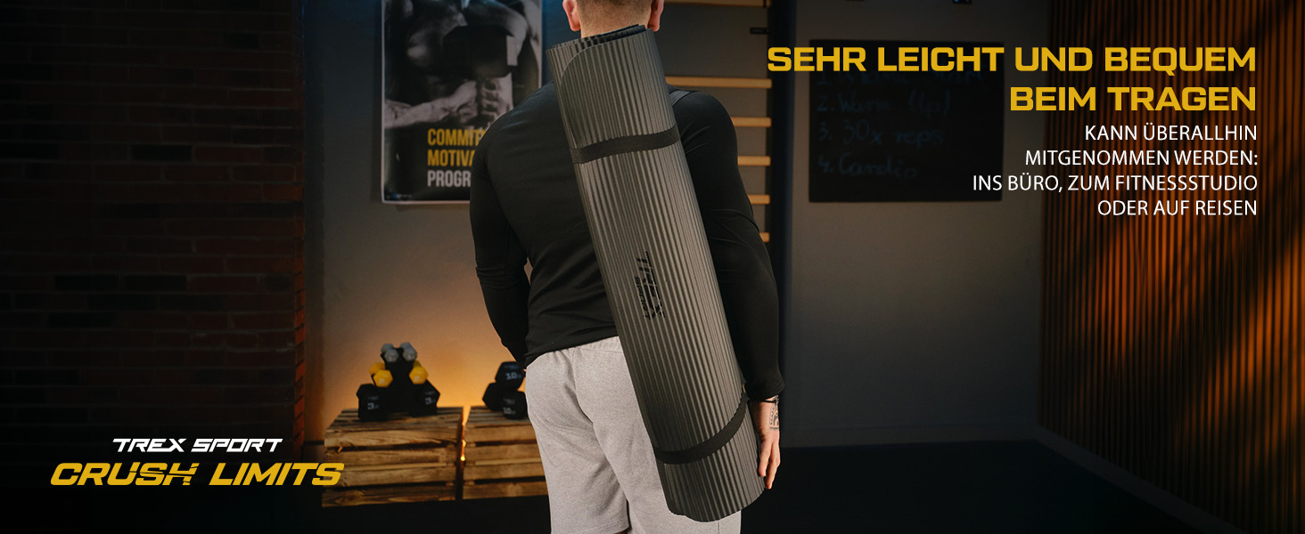 TREX SPORT Килимок для гімнастики та фітнесу | Товстий та м'який, 190x80x1 см, з ручкою для перенесення, чорний | Килимок для йоги з антиковзаючим покриттям