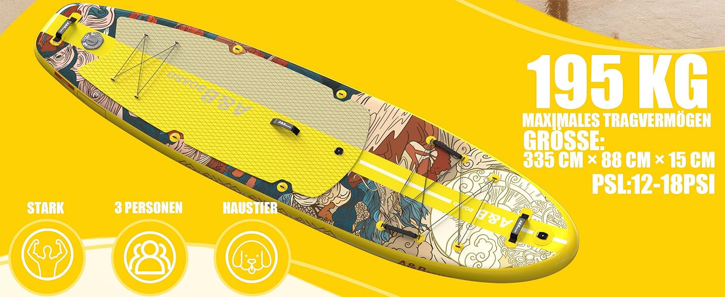 Надувний SUP-борд A&BBOARD з аксесуарами: насос, рюкзак, стабільний дизайн. Підходить для молоді та дорослих (жовтий + дракон)
