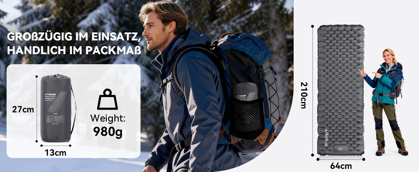 Килимок для кемпінгу HIKENTURE R-Wert 7.3 з ножною помпою, 10 см товщини, 210x64 см, 4 пори року, для туризму та наметів
