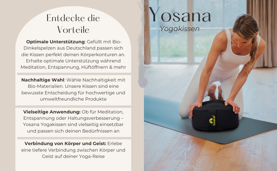 Подушка для медитації Yosana Yosana Yoga Cushion, кругла, з органічним наповнювачем зі спельти з Німеччини - Подушка для йоги з висотою сидіння 17 см і діаметром 35 см, нижня частина подушки сидіння з чохлом і ручкою, яку можна прати з органічної бавовни (Чорний)