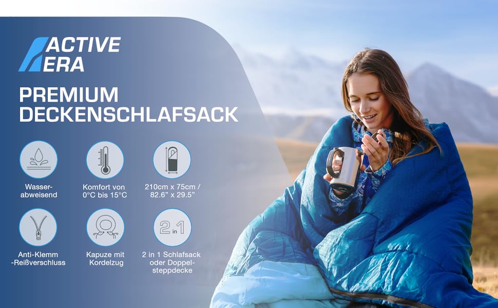 Сплячий мішок Active Era Premium Mumienschlafsack 250 GSM для зими та літа, 0°C - 15°C, кемпінг, фестивалі, водонепроникний, ультралегкий, малий об'єм (Блакитний)