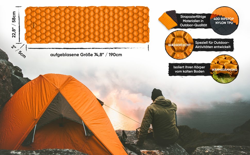 Каремат надувний PowerLix для кемпінгу та відпочинку на природі - Ultralight, компактний, для туризму та подорожей, з сумкою та ремкомплектом, Marineblau (морський синій)