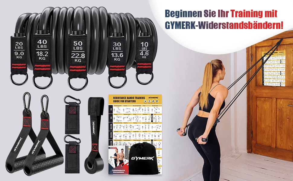 Набір еластичних стрічок для фітнесу з гумовими ручками, посібник, манжети для щиколоток, кріплення для дверей, сумка, 5 рівнів опору (150 lbs)