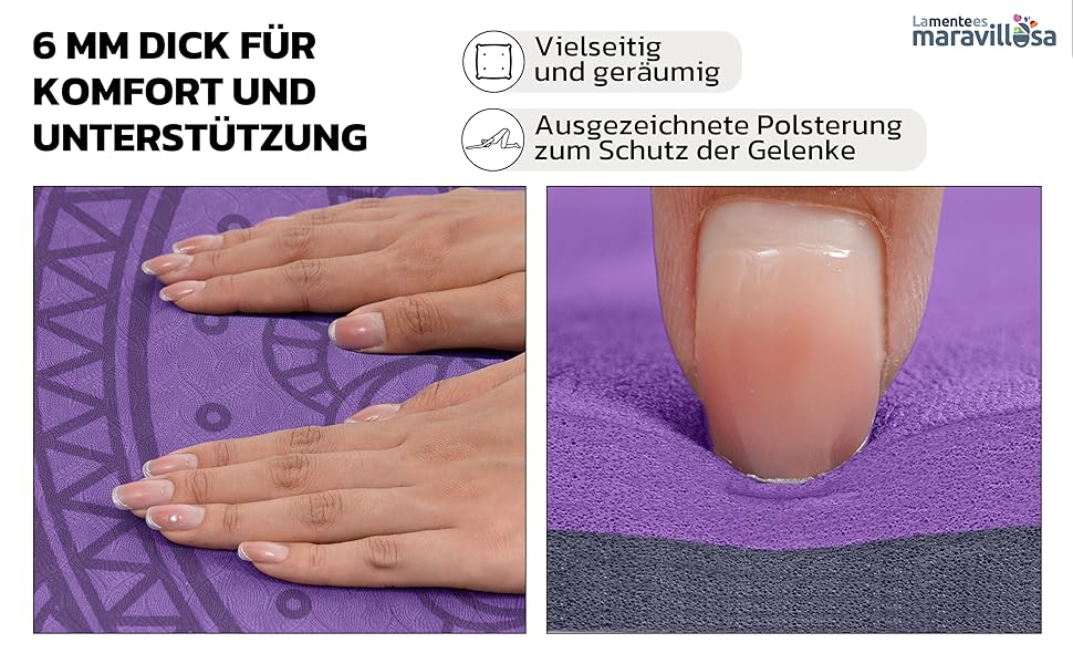 Килимок для гімнастики та йоги з неслизьким покриттям, з сумкою та E-book, 183x61 см, Мандала, фіолетовий + чорний