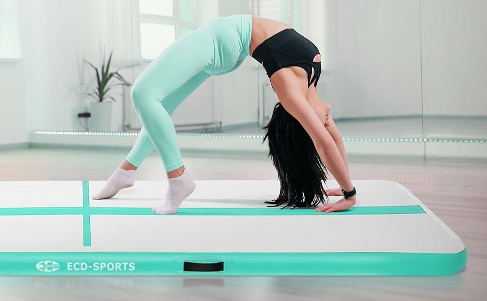 Гимнастичний мат Airtrack ECD Germany для тумблінгу та фітнесу, надувний мат для спорту та йоги з електричним насосом та сумкою, м'ятно-зелений (400 x 100 x 10 см)