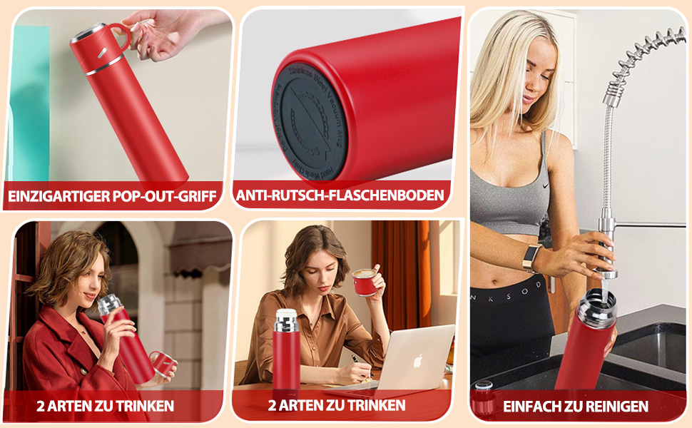 Термос IAGORYUE з нержавіючої сталі, 0.55л, з ізоляцією та виливним кришкою, подвійні стінки, зберігає тепло/холод до 12 годин, для спорту, офісу, відпочинку на природі (червоний)