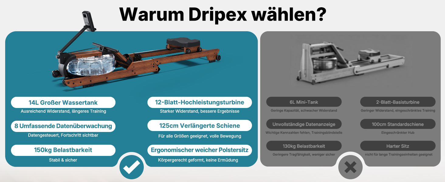 Гребний тренажер Dripex з водяним опором 14л, 12-лопатеве колесо, до 150 кг, дерев'яний корпус, Bluetooth, складаний, коричневий