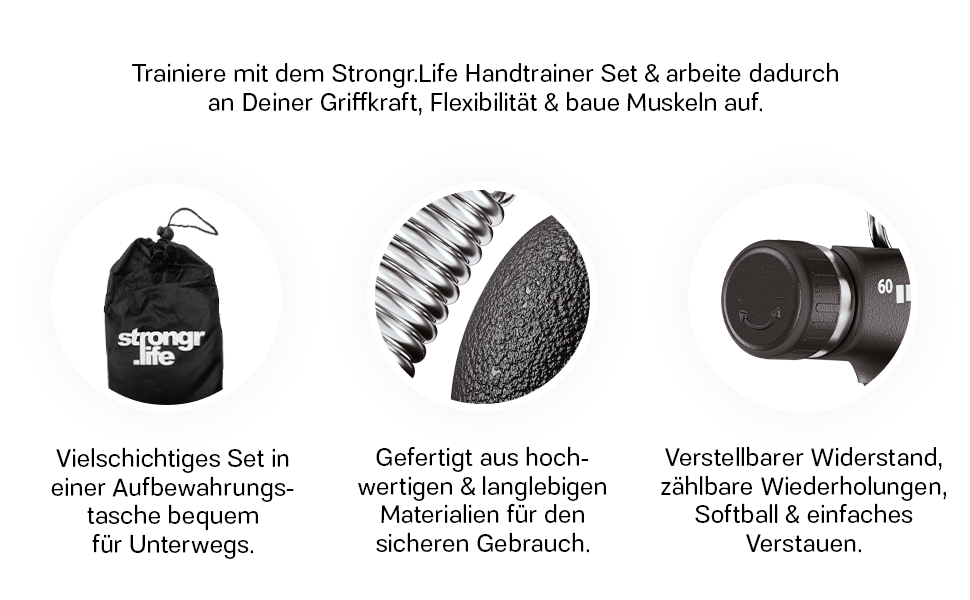Набір для тренування кисті рук - 5 шт. (гумовий, кільцевий, м'ячик) з сумкою - тренажер хвата - опір 5-60 кг