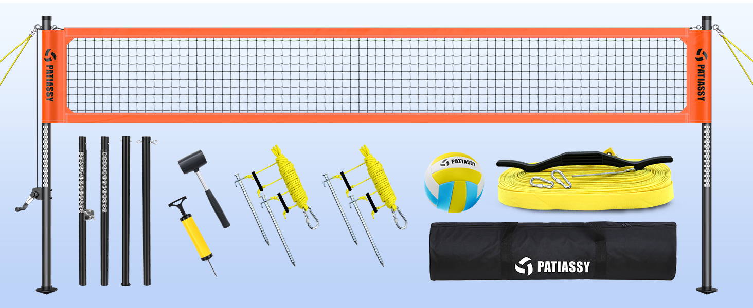 Професійна волейбольна сітка для саду з регульованою висотою, стійками з антикорозійним покриттям, лінією розмітки, м'ячем PU, насосом, натягувачами та сумкою для транспортування (9.75м*1м)