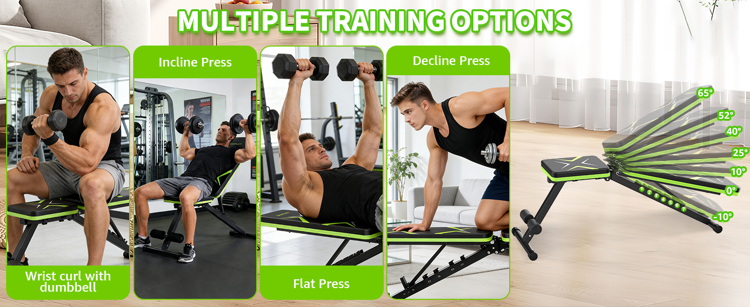 Складана лавка для тренувань з обтяженнями 330LBS, багатофункціональна, для дому, фітнесу, прес, зі змінним нахилом, зелена