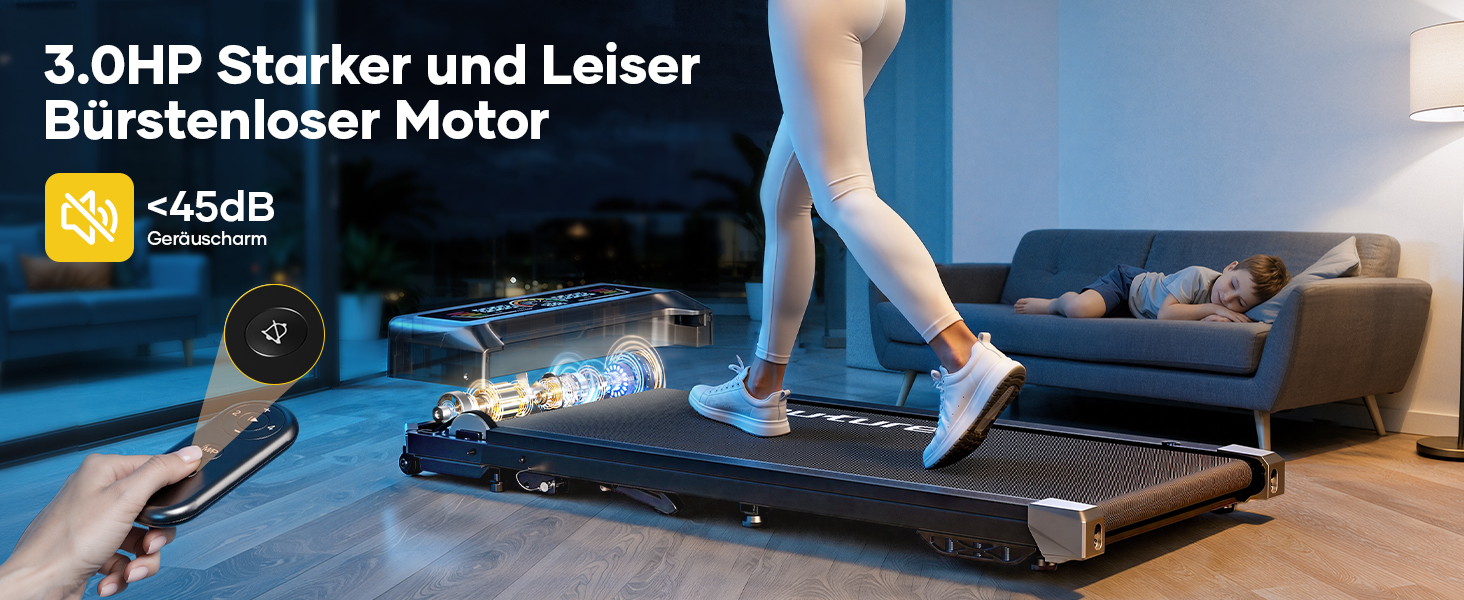 Бігова доріжка для дому Laufband з кутом нахилу 10%, 1-10 км/год, під стіл, 3.0 к.с., тихий мотор, електрична, LED-дисплей, пульт ДУ, додаток, срібляста