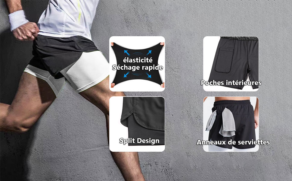 Чоловічі бігові шорти 2 в 1, спортивні шорти для тренувань, марафону, бігу на відкритому повітрі, чорного кольору / з петлею для рушника, XXL
