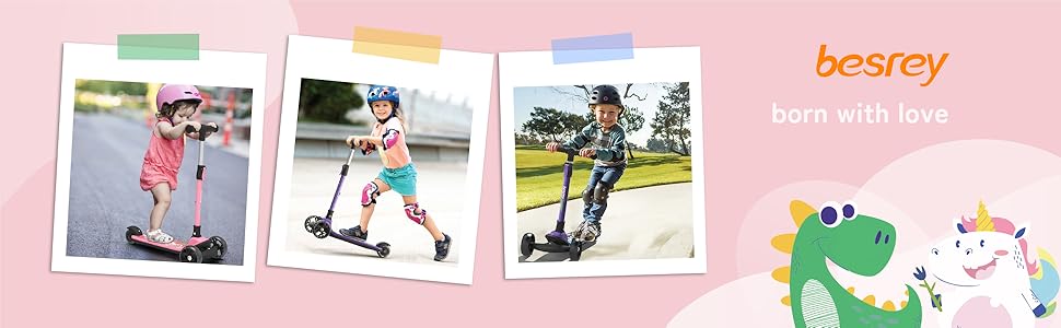 Дитячий самокат Besrey з великими колесами, світлодіодними ліхтарями та регульованою висотою, для дітей 3-8 років (Рожевий, Єдиноріг)