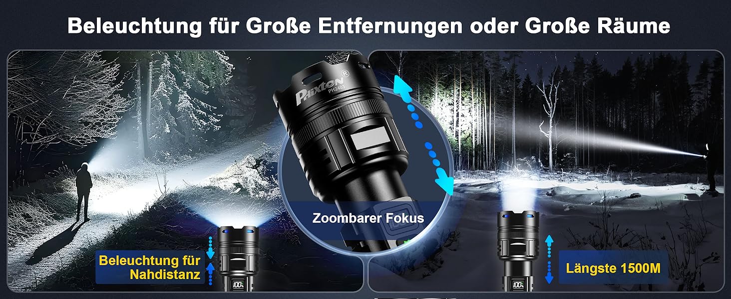Тактичний ліхтарик Phixter з LED, 100000 люменів, 1 режим, Zoom, USB-C, для активного відпочинку та безпеки