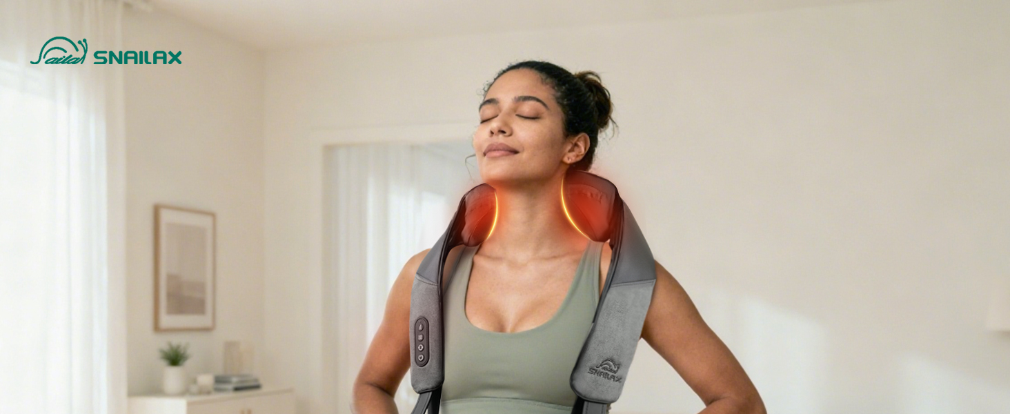 Масажер для шиї та спини Snailax Shiatsu бездротовий з підігрівом, 4D ролики, акумуляторний, USB-C, чорний