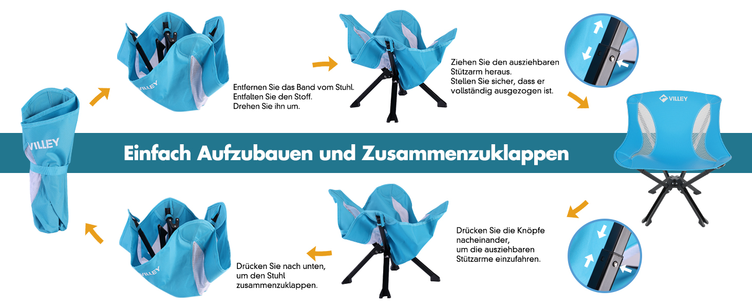 Складний туристичний стілець VILLEY, блакитний, з алюмінієвим каркасом, 150 кг, з сумкою для відпочинку та риболовлі
