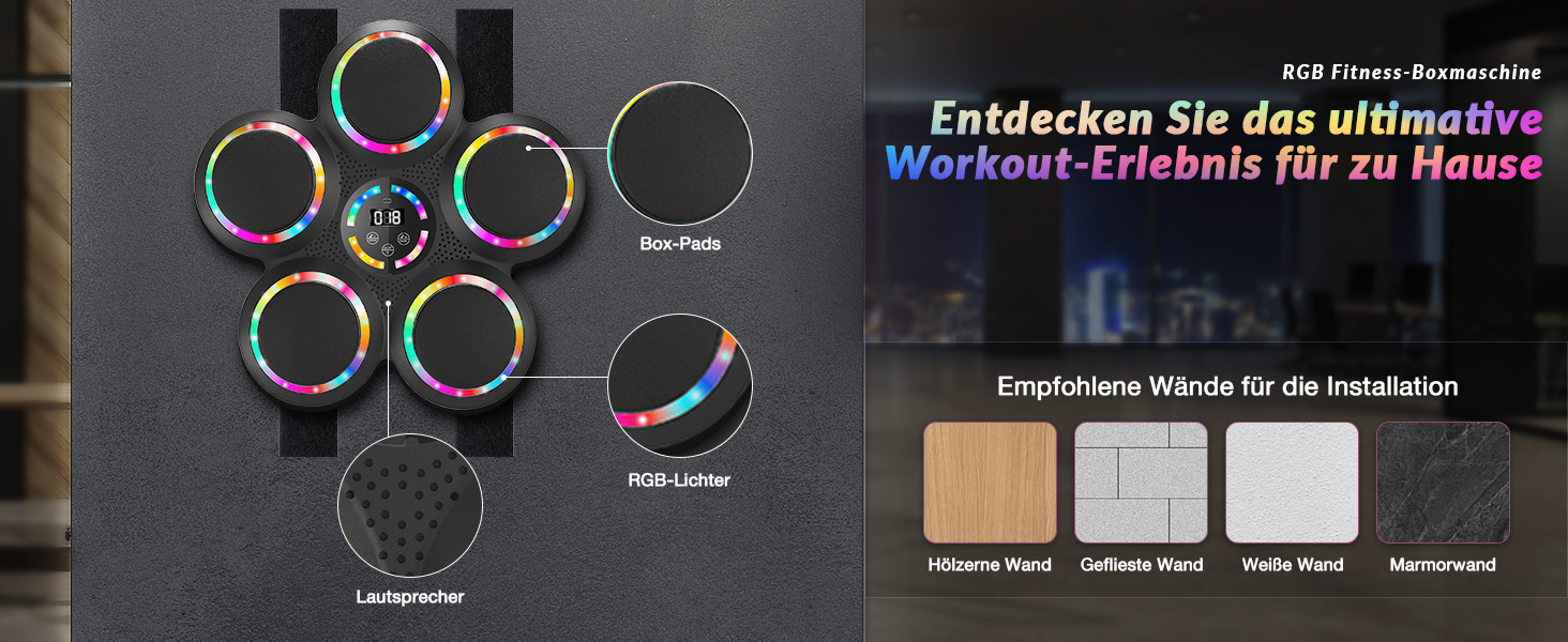 Розумна боксерська машина FOOING з Bluetooth, LED-підсвіткою та рівнями швидкості для дорослих та дітей, тренажер для зняття стресу з боксерськими рукавичками для домашніх тренувань. Інтелектуальні фітнес-пристрої (багатокольорове світло)