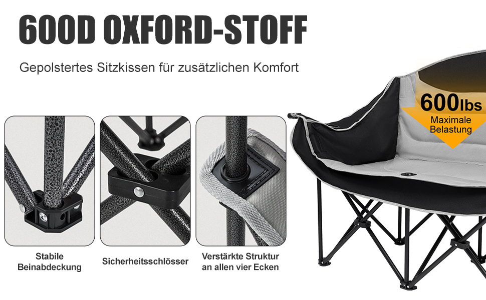 Двомісний розкладний крісло-диван для кемпінгу з підстаканниками, великий, чорно-білий
