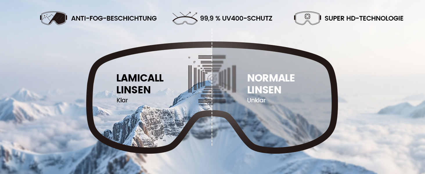 Ламікал - скі-маска для жінок та чоловіків, сноуборд маска з антизапітніючою технологією, дзеркальна, для носіїв окулярів, захист від сонця UV400, чорний каркас, блакитне скло (VLT: 11%)