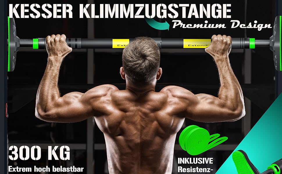 KESSER® Турнік для дверей регульований, турнік для домашніх тренувань, турнік без свердління, висувний 68-106 см, вантажопідйомність до 300 кг, з неслизькими ручками, з еластичними стрічками (зелені)