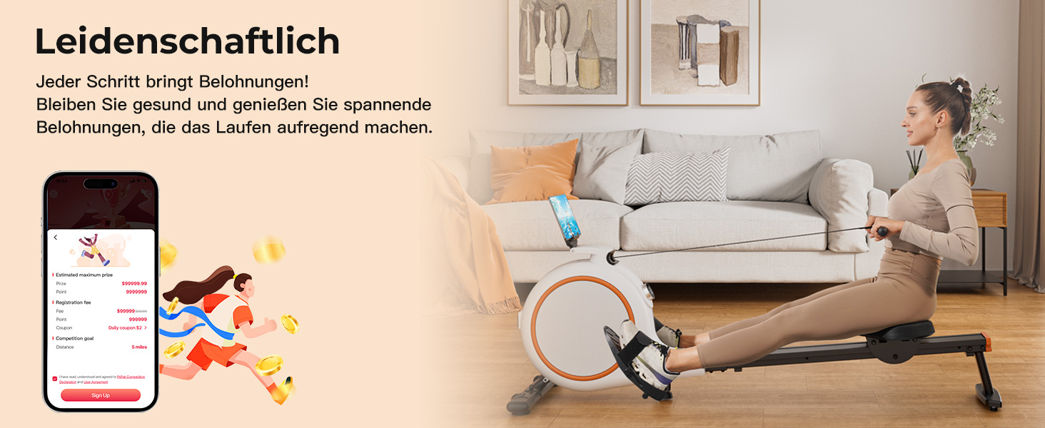 Гребний тренажер для дому з магнітним опором, 32 рівні, 136 кг, сумісність з додатком, LCD-дисплей, білий-помаранчевий