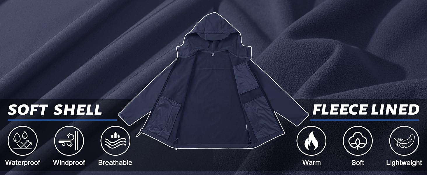 Чоловіча куртка Softshell TACVASEN: водонепроникна outdoor куртка з флісовою підкладкою, вітрозахисна та дихаюча куртка-вітровка з капюшоном для роботи, велосипеда та походів, L, чорна