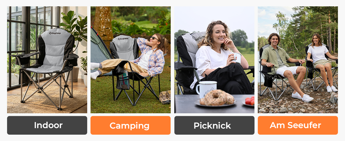 Складний туристичний стілець KingCamp для відпочинку, риболовлі та саду. Міцний, з регульованою підтримкою попереку, кишенькою-холодильником та підлокітниками. Максимальне навантаження: 205 кг. Чорний класичний колір.