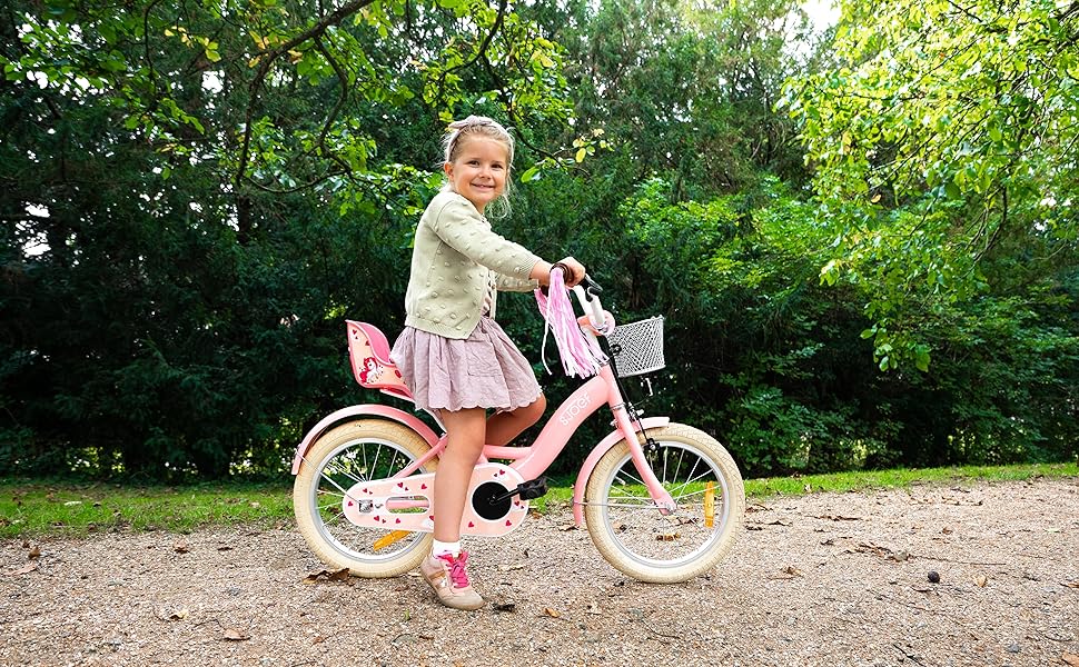 Дитячий велосипед Dolly 14 дюймів для дівчаток 3-5 років | Зручна збірка | З додатковими колесами | Розмір одягу 98-108 см | Рожевий колір