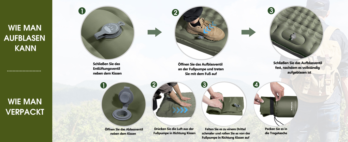 Каремат туристичний Isomatte самонадувний, 12 см, товстий, вологостійкий, з насосом для ніг та подушкою, антиковзаюча поверхня, для кемпінгу, пікніків, відпочинку на природі, армійного кольору