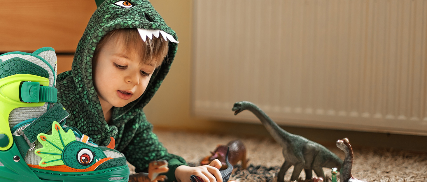 Ролики дитячі Kinder Dinosaurier з підсвічуванням, розмір регулюється, зелені