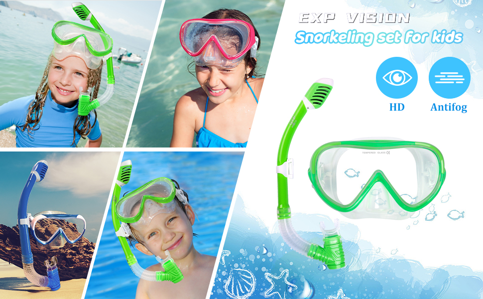 Набір для підводного плавання Kids, Окуляри для дайвінгу Kids Anti-og and Dry Snorkel - Маска для дайвінгу Anti-Leak Суха трубка Набір для підводного плавання для хлопчиків 4-14 (F, зелений набір)